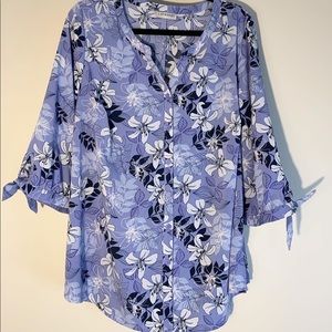 Catherines Blouse/Top Tie Sleeves Button Down Violet/Blue/Black Floral Pattern